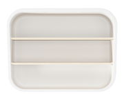 Vogelperspektive auf ein rechteckiges, weißes Tablett mit zwei Holzleisten.