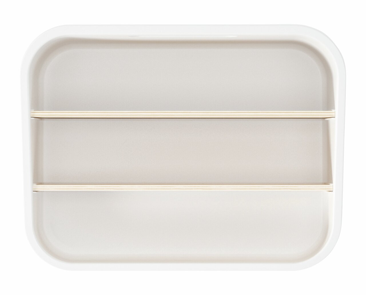 Vogelperspektive auf ein rechteckiges, weißes Tablett mit zwei Holzleisten.