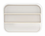 Vogelperspektive auf ein rechteckiges, weißes Tablett mit zwei Holzleisten.