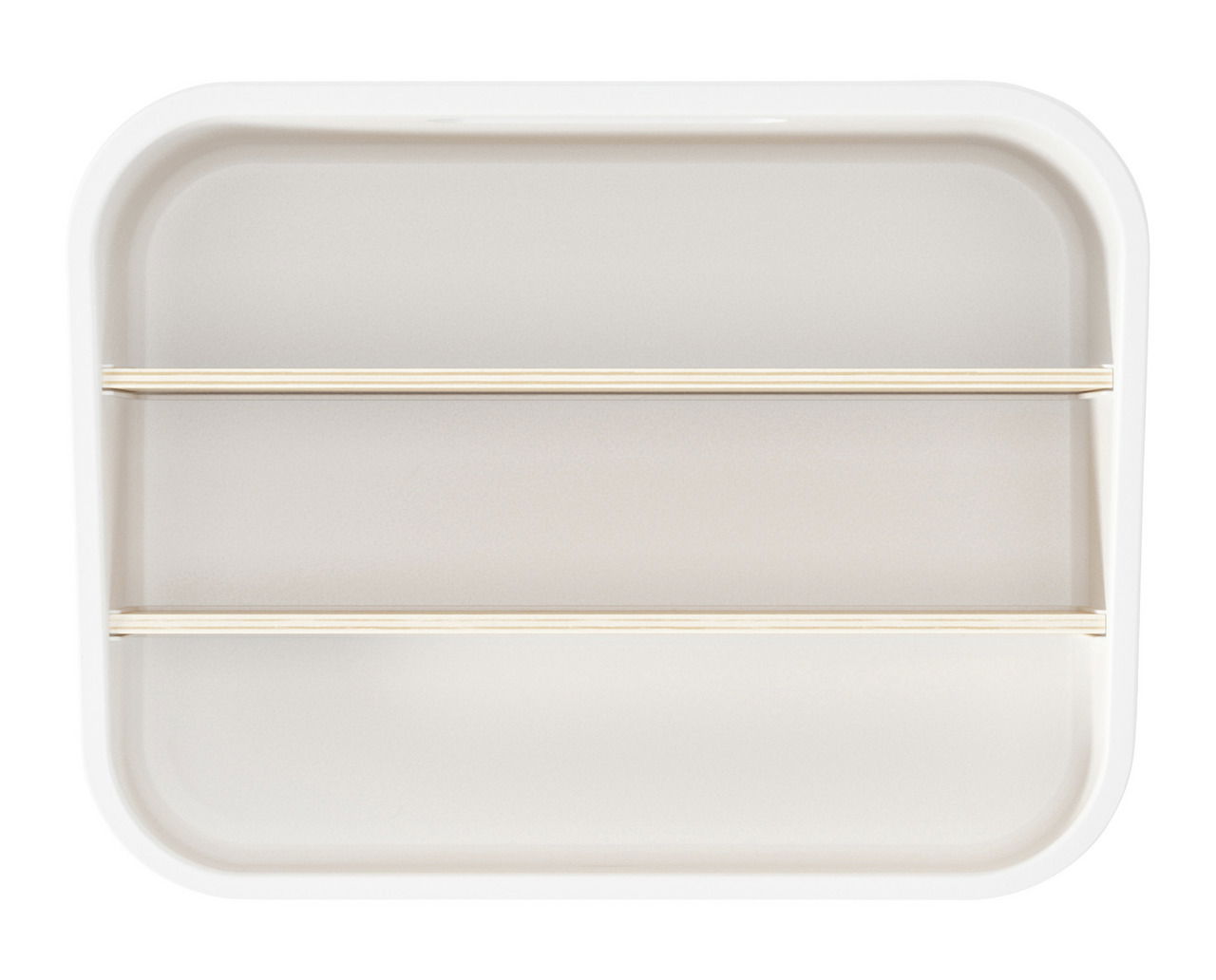 Vogelperspektive auf ein rechteckiges, weißes Tablett mit zwei Holzleisten.