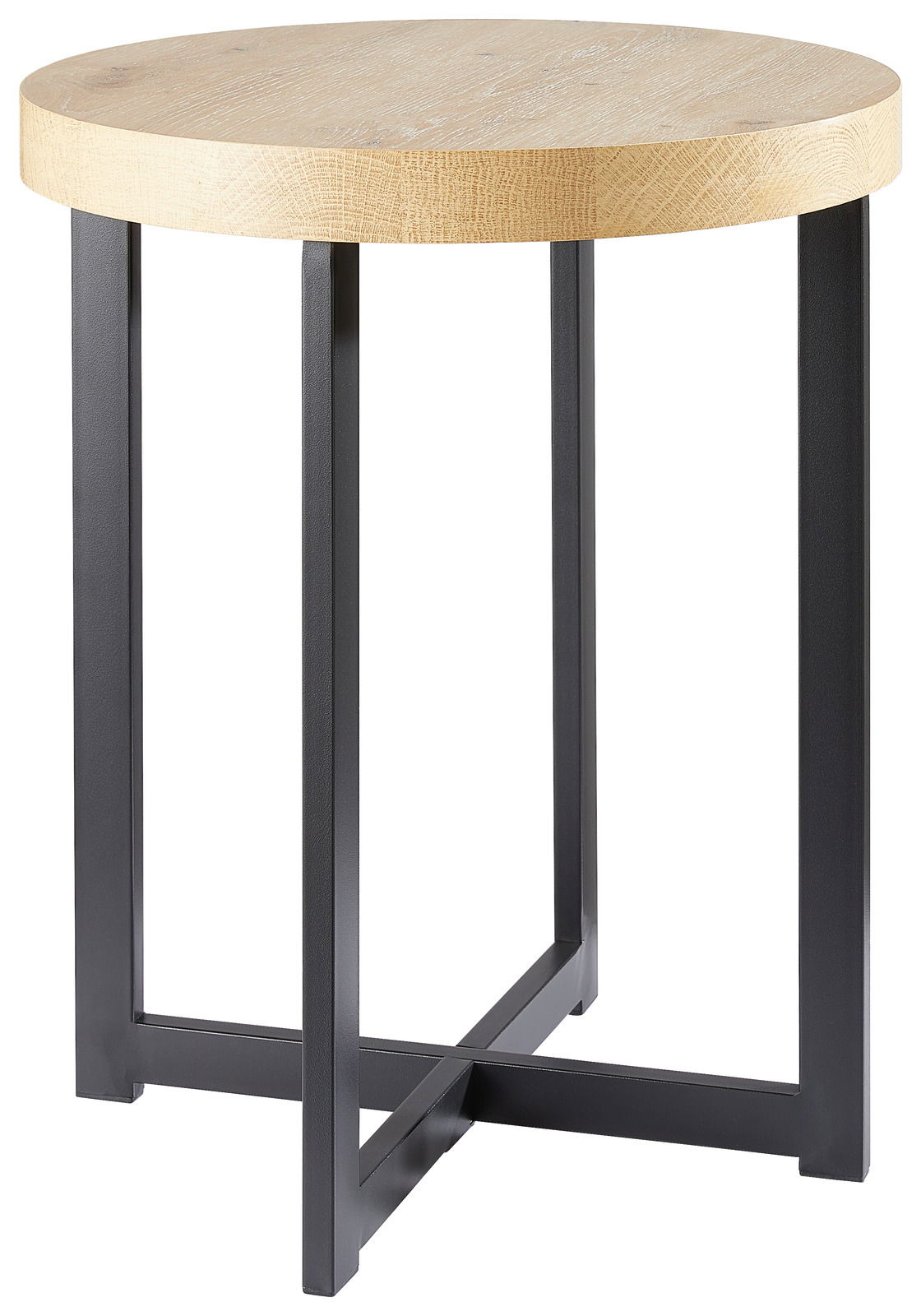 Runder Beistelltisch mit heller Holzplatte und schwarzem Metallgestell, seitliche Perspektive