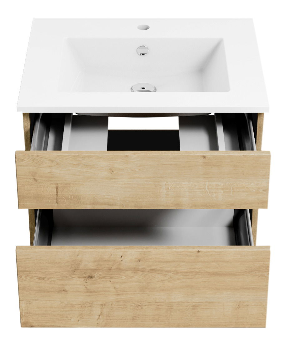 Waschtisch mit Holzoptik und zwei offenen Schubladen, Ansicht von vorne