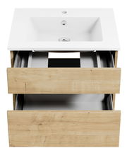 Waschtisch mit Holzoptik und zwei offenen Schubladen, Ansicht von vorne