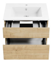 Waschtisch mit Holzoptik und zwei offenen Schubladen, Ansicht von vorne