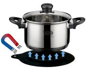 Magnetischer Topfuntersetzer mit einem Edelstahltopf, seitliche Perspektive