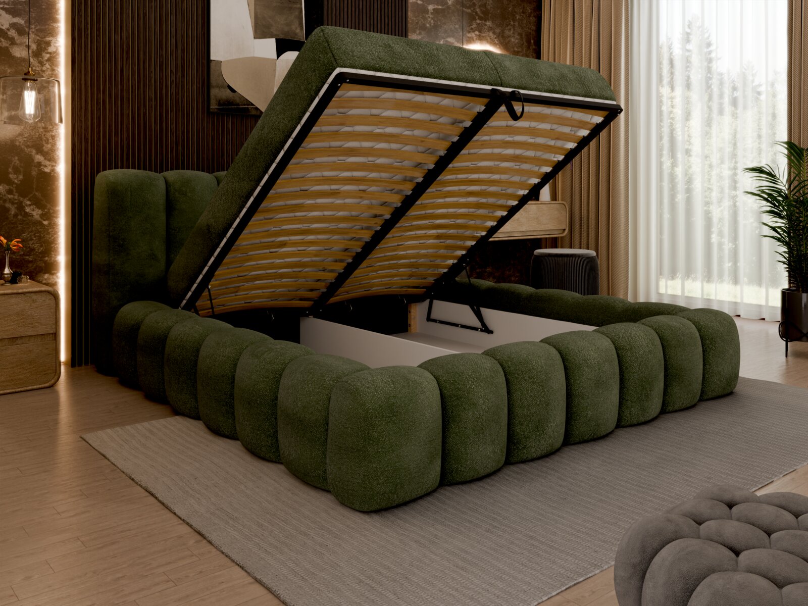 Groen boxspringbed met opklapbaar matras, zijaanzicht, modern slaapkamerontwerp