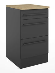 Moderner Unterschrank 50A mit drei Schubladen, schwarzer Korpus und Holzoberfläche, perspektivisch von vorne links