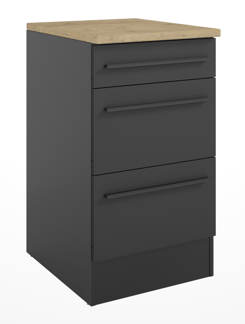 Yourkitchen Unterschrank JAZZ Moderner Unterschrank 50A mit drei Schubladen, schwarzer Korpus und Holzoberfläche, perspektivisch von vorne links