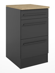 Moderner Unterschrank 50A mit drei Schubladen, schwarzer Korpus und Holzoberfläche, perspektivisch von vorne links