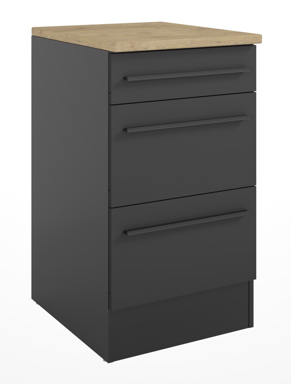 Yourkitchen Unterschrank JAZZ Moderner Unterschrank 50A mit drei Schubladen, schwarzer Korpus und Holzoberfläche, perspektivisch von vorne links