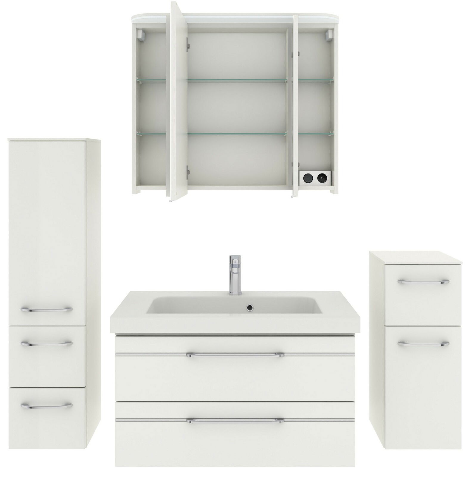 Badezimmermöbel-Set in Weiß, bestehend aus einem Waschbeckenunterschrank mit zwei Schubladen, einem hohen Schrank mit drei Fächern, einem kleineren Schrank mit zwei Fächern und einem Spiegelschrank mit offenen Türen und Glasböden. Frontalansicht.