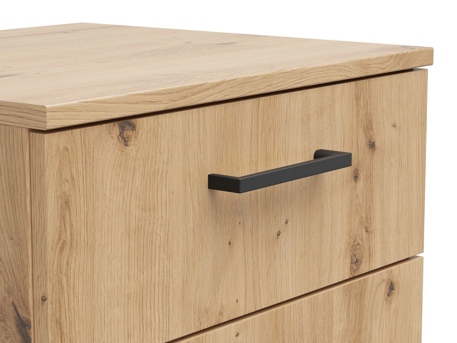 Nahaufnahme einer Kommode aus hellem Holz mit schwarzem Griff, seitliche Perspektive