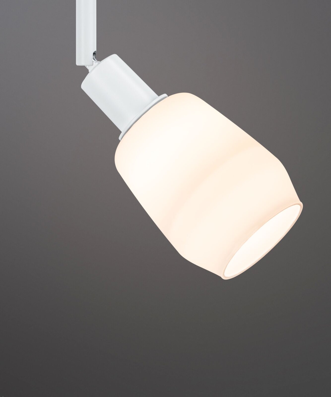 Close-up van een witte basisspot van het merk PAULMANN URAIL, gemonteerd op een rail, met een strak, modern ontwerp.