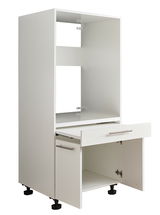 Weißer Geräteschrank mit Schublade und Tür, seitliche Perspektive