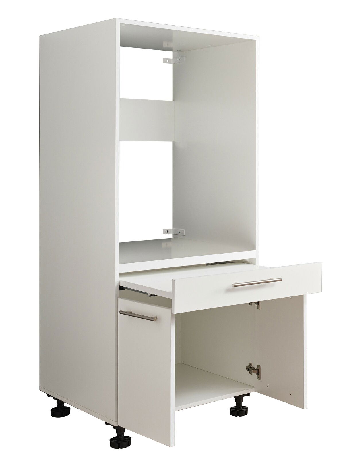 Weißer Geräteschrank mit Schublade und Tür, seitliche Perspektive