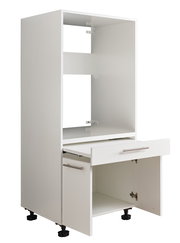 Weißer Geräteschrank mit Schublade und Tür, seitliche Perspektive