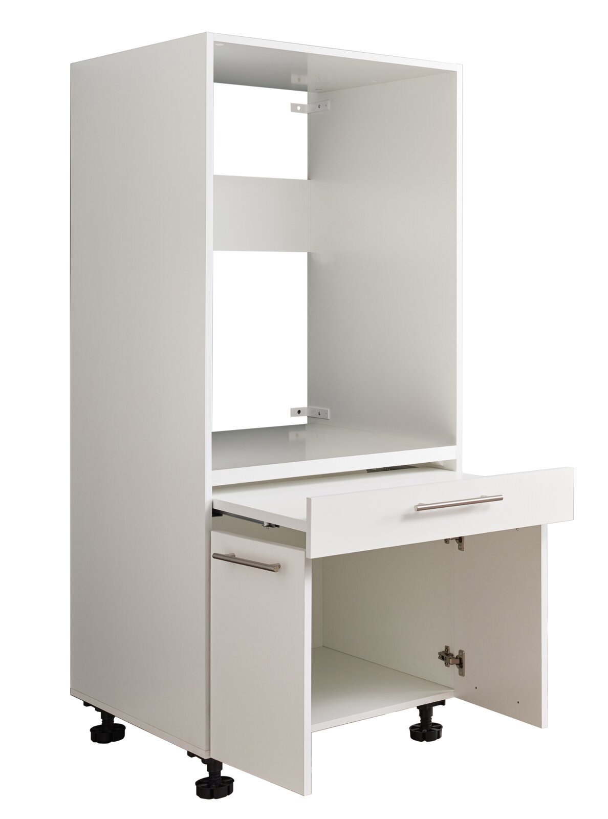 Weißer Geräteschrank mit Schublade und Tür, seitliche Perspektive
