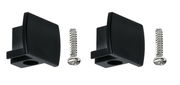 Zwei schwarze Endkappen mit Schrauben, seitliche Perspektive