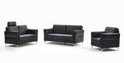 Dreiteiliges Sofa-Set in dunklem Stoff, bestehend aus einem Zweisitzer-Sofa, einem Sessel mit Kopfstütze und einem weiteren Sessel, frontal fotografiert.
