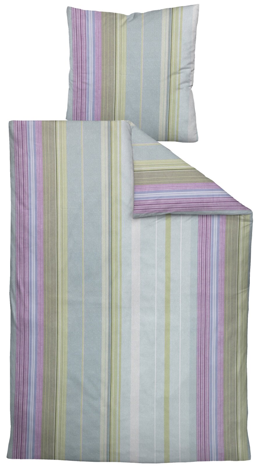 Janine Beddengoed Gestreepte beddengoed met kussensloop in pastelkleuren (blauw, groen, paars), gezien van voren, licht schuin van bovenaf gefotografeerd