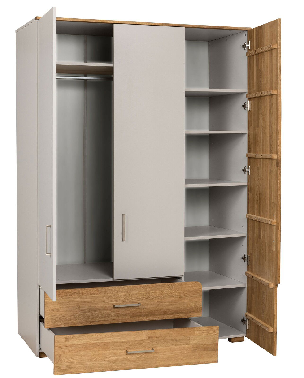 Moderner Kleiderschrank mit offenen Türen und Schubladen, zeigt Innenfächer und Kleiderstange, Frontalansicht