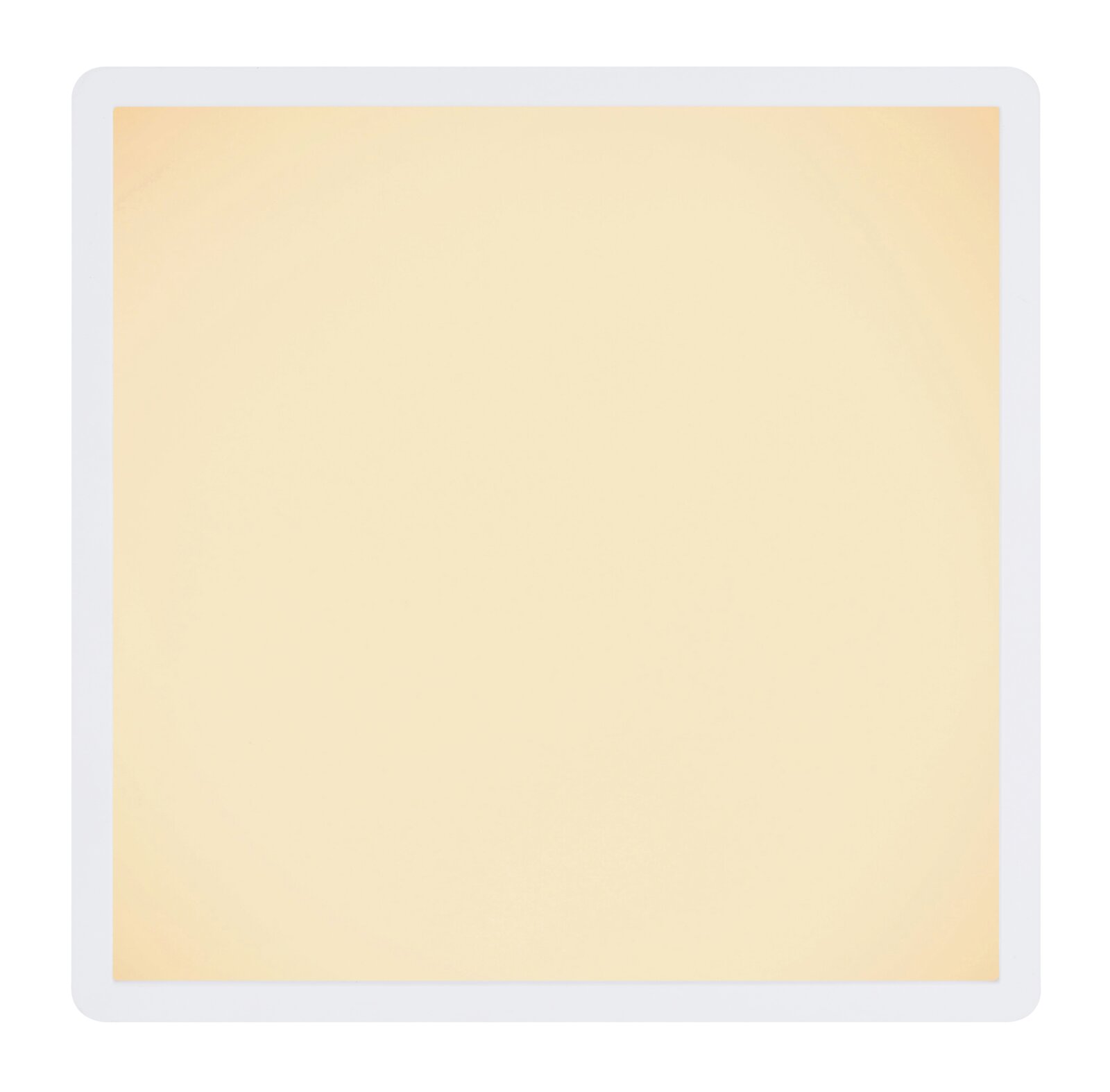 Quadratische LED-Lichtpanel-Leuchte mit weißem Rahmen und warmweiß leuchtender Fläche, Frontalansicht