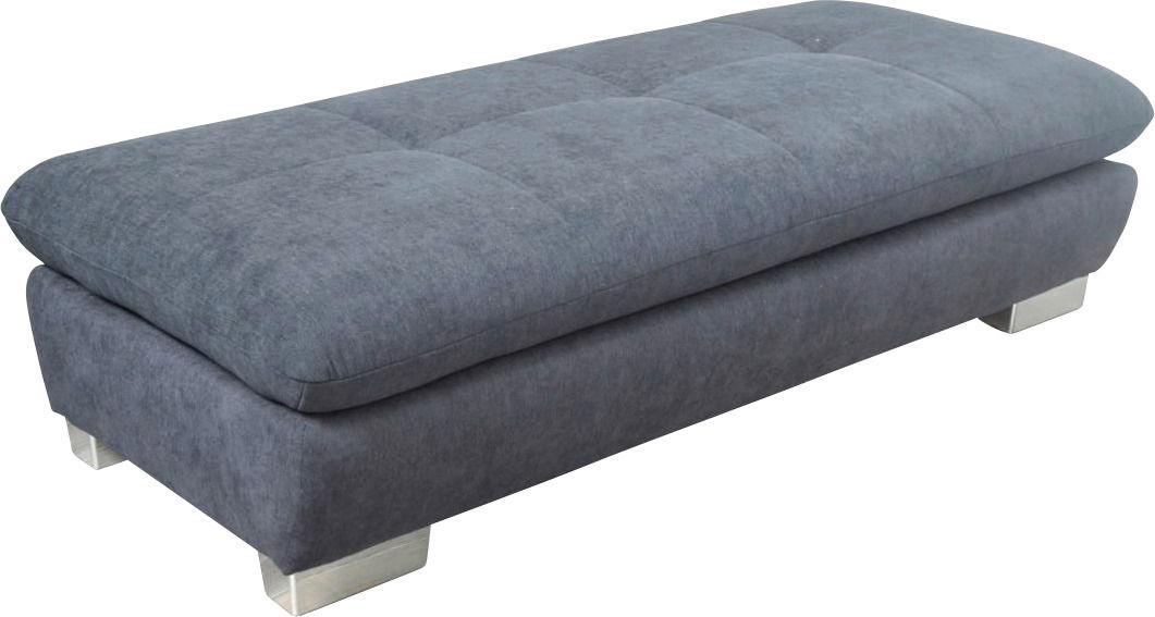 Grauer Hocker in rechteckiger Form mit gepolsterter Oberfläche und silbernen Füßen, seitliche Perspektive