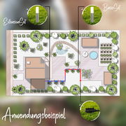 Illustration eines Gartens mit Erdspießen, die in einem Starterset enthalten sind. Perspektive von oben auf die Gartenanordnung mit markierten Positionen für das BasicSet und ExtensionSet.