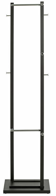 Moderner Garderobenständer aus Metall mit mehreren Haken und Stangen, frontal abgebildet.