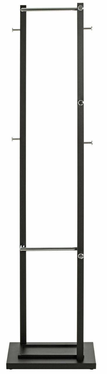Moderner Garderobenständer aus Metall mit mehreren Haken und Stangen, frontal abgebildet.