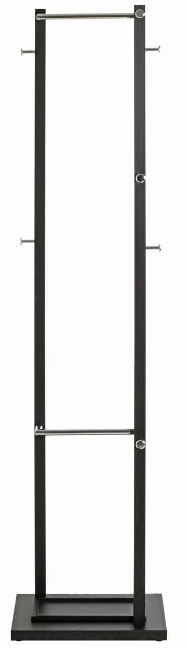 Moderner Garderobenständer aus Metall mit mehreren Haken und Stangen, frontal abgebildet.