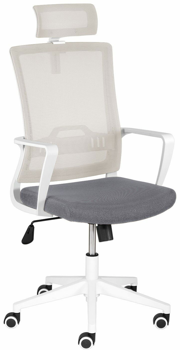 Moderner Drehstuhl mit Netzrückenlehne und Kopfstütze, grauer Sitzfläche und weißen Armlehnen, seitliche Perspektive