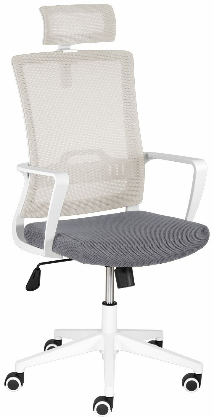 Moderner Drehstuhl mit Netzrückenlehne und Kopfstütze, grauer Sitzfläche und weißen Armlehnen, seitliche Perspektive