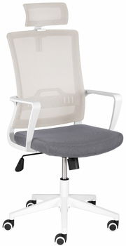 Moderner Drehstuhl mit Netzrückenlehne und Kopfstütze, grauer Sitzfläche und weißen Armlehnen, seitliche Perspektive