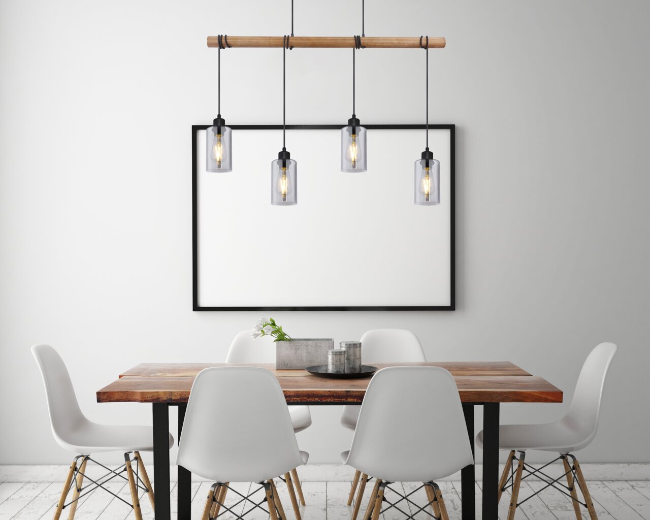 Globo Lighting Hängeleuchte HADERA Moderne Hängeleuchte mit vier Glühbirnen, hängend über einem Esstisch aus Holz, seitliche Perspektive.