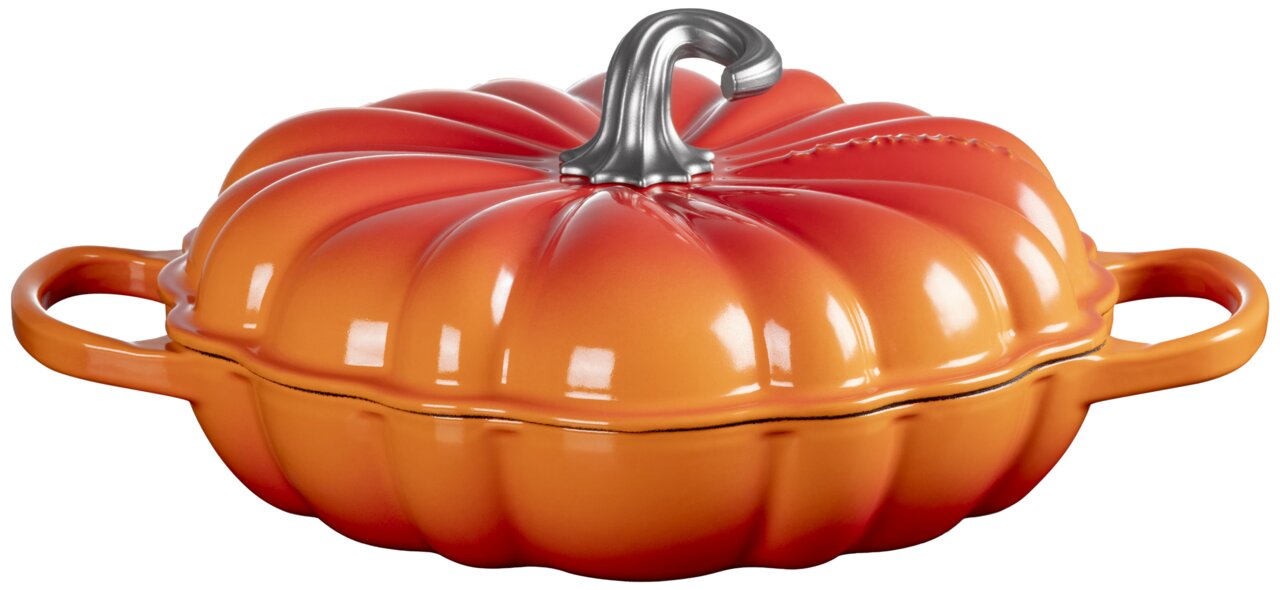 Gourmet-Profitopf in Kürbisform, 28 cm, aus orangefarbenem Material mit zwei Griffen, seitliche Perspektive