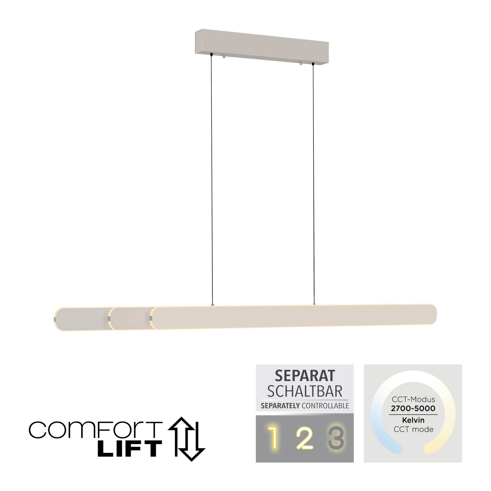 Moderne LED-Pendelleuchte in Beige mit länglichem, abgerundetem Leuchtenkörper und zwei schwarzen Abhängeseilen, frontal in leicht schräger Ansicht von vorn auf weißem Hintergrund; separat schaltbar, CCT-Modus 2700–5000 K, Comfort Lift höhenverstellbar.
