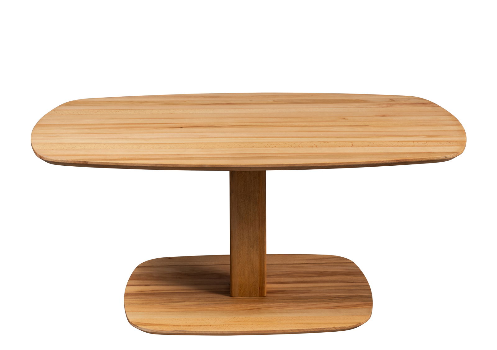 Moderner Couchtisch aus Holz mit ovaler Tischplatte und zentralem Standfuß, Frontalansicht.