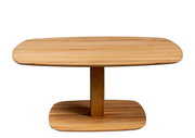Moderner Couchtisch aus Holz mit ovaler Tischplatte und zentralem Standfuß, Frontalansicht.