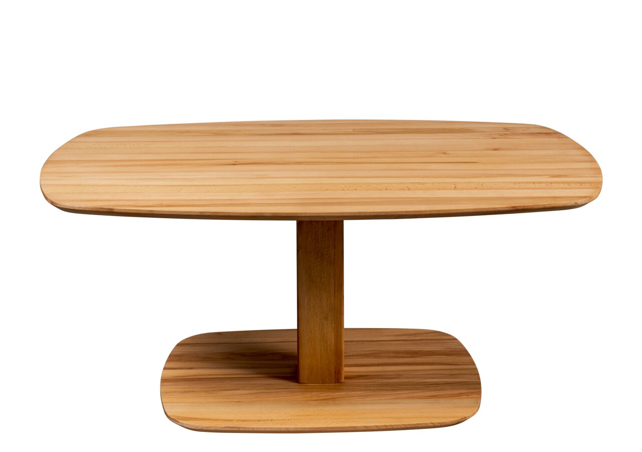 Moderne houten salontafel met een ovaal tafelblad en een centrale poot, gezien van voren.