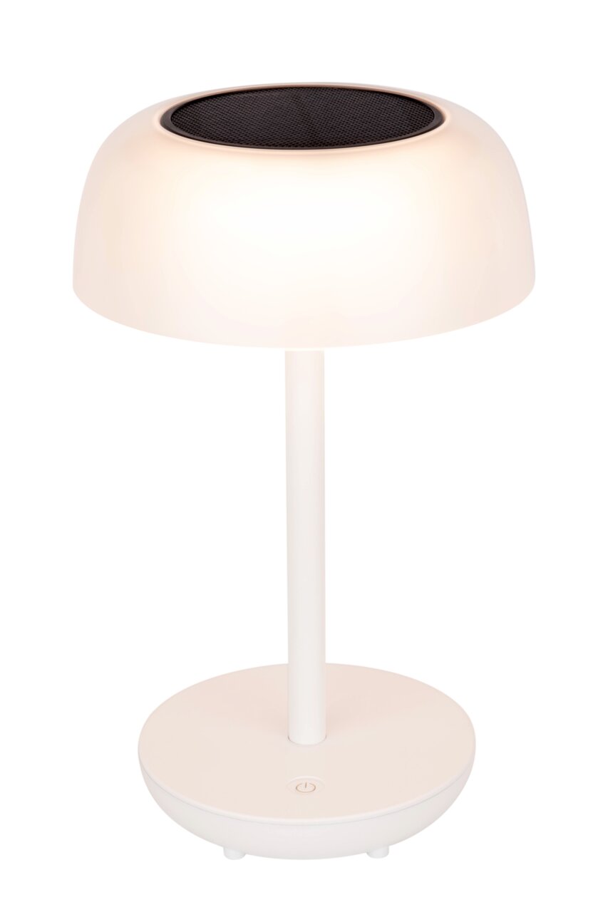 Weiße Solarleuchte mit rundem Lampenschirm und Solarpanel von vorne