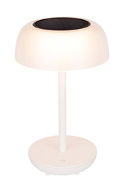 Weiße Solarleuchte mit rundem Lampenschirm und Solarpanel von vorne