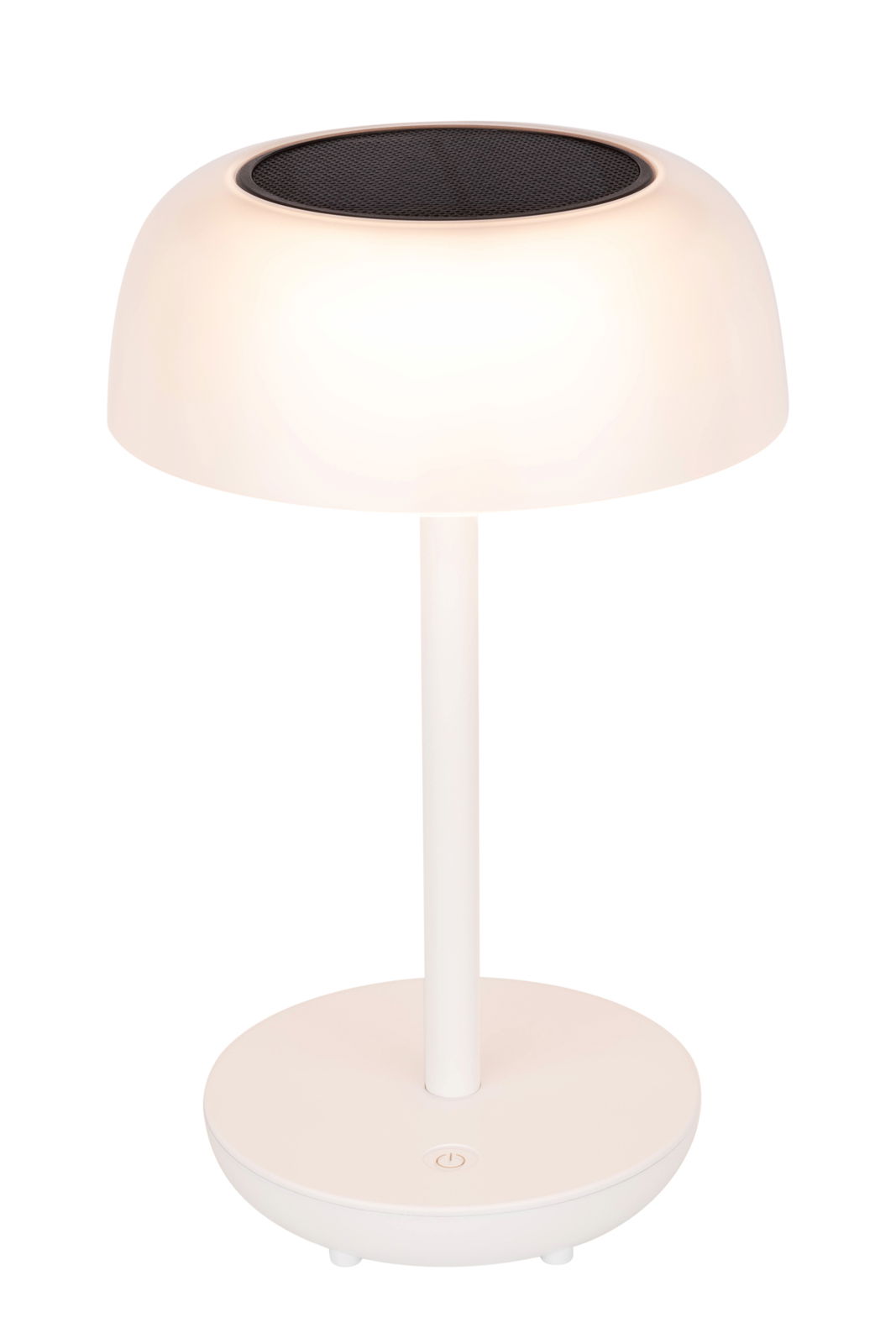 Weiße Solarleuchte mit rundem Lampenschirm und Solarpanel von vorne