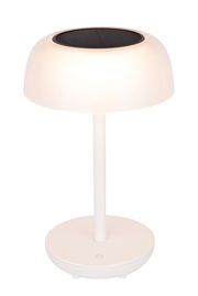 Weiße Solarleuchte mit rundem Lampenschirm und Solarpanel von vorne