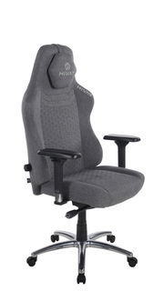 Grauer Gaming-Stuhl mit ergonomischem Design, verstellbaren Armlehnen und stabiler Metallbasis, seitliche Perspektive