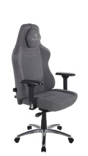 Grauer Gaming-Stuhl mit ergonomischem Design, verstellbaren Armlehnen und stabiler Metallbasis, seitliche Perspektive