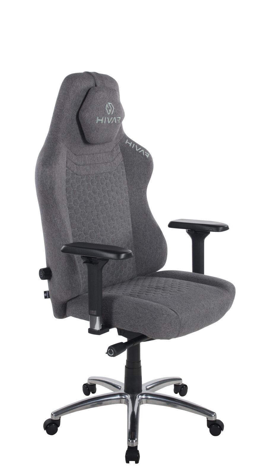 Grauer Gaming-Stuhl mit ergonomischem Design, verstellbaren Armlehnen und stabiler Metallbasis, seitliche Perspektive