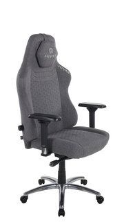 Grauer Gaming-Stuhl mit ergonomischem Design, verstellbaren Armlehnen und stabiler Metallbasis, seitliche Perspektive