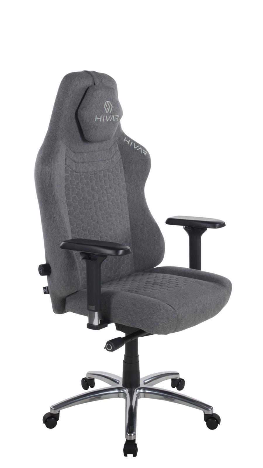 Grauer Gaming-Stuhl mit ergonomischem Design, verstellbaren Armlehnen und stabiler Metallbasis, seitliche Perspektive