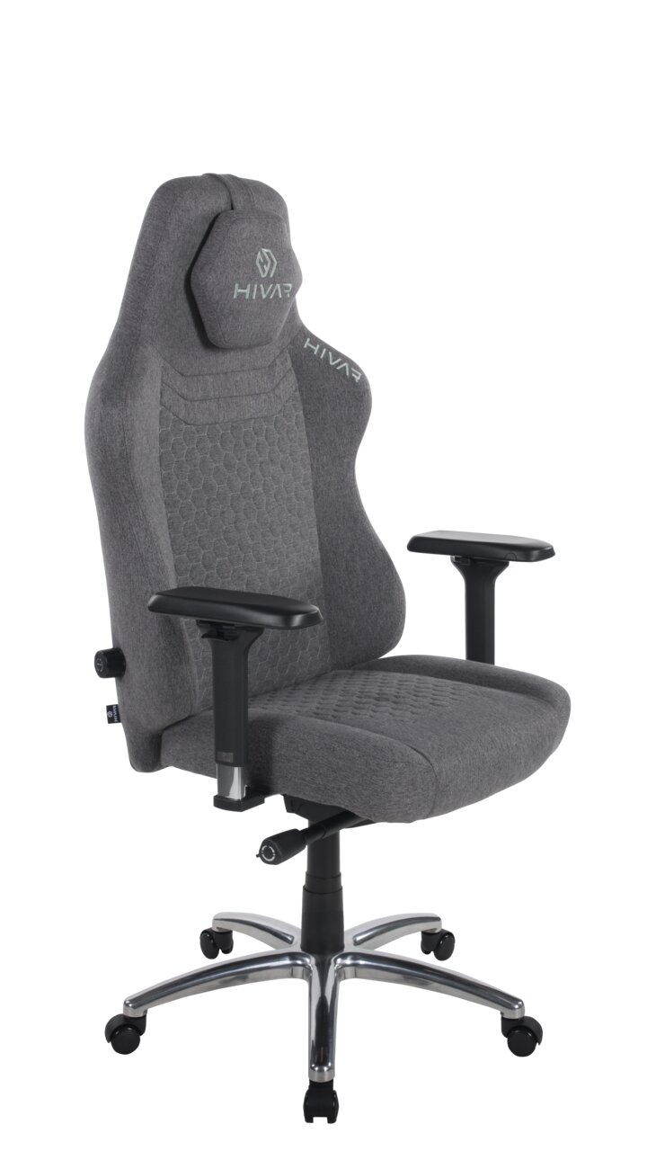 Grauer Gaming-Stuhl mit ergonomischem Design, verstellbaren Armlehnen und stabiler Metallbasis, seitliche Perspektive